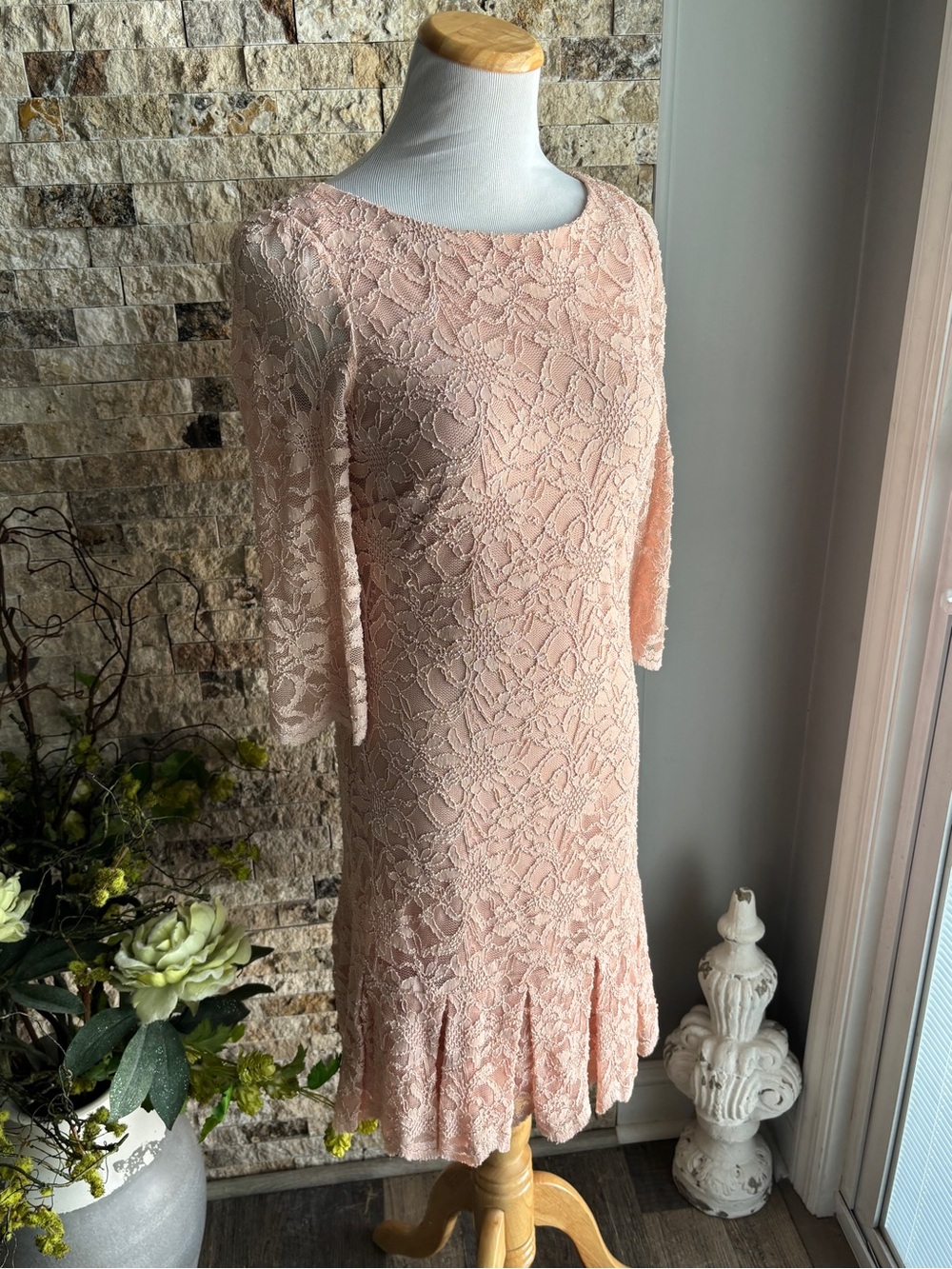 Calvin Klein Blush Lace Midi Dress with Pleated Hem